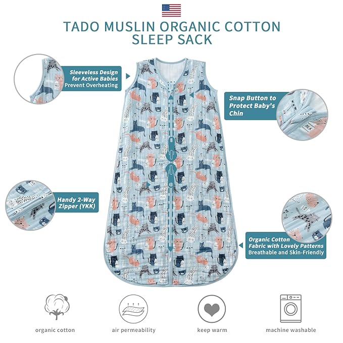 Baby Sleep Sack 2-4 T Baby Wearable Blanket 100% Organic Cotton 0.5 TOG Toddler Sleep Sacks 2- Way Zipper Soft 4 Layers 2T 3T 4T Kitten