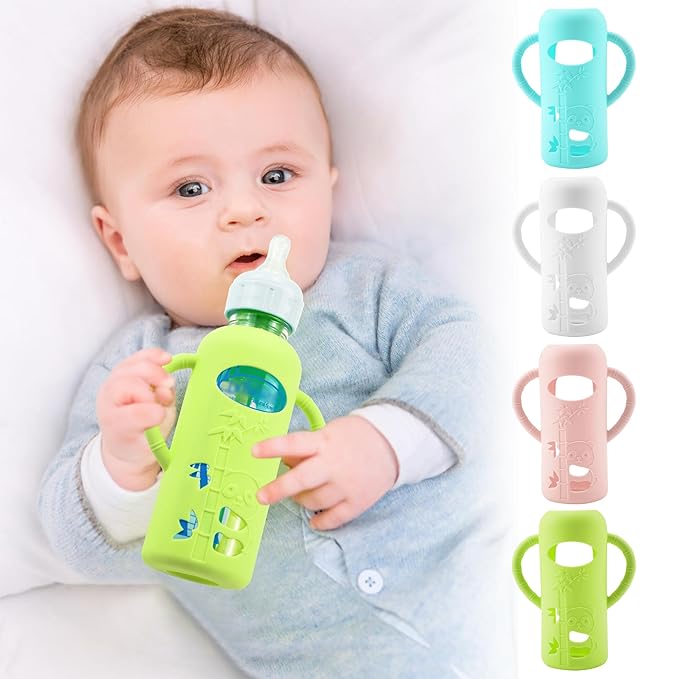 4 Pack Silicone Sleeves for Dr. Brown's Glass Baby Bottles, Anti Breakage Durable Baby Bottle Holder with Easy Grip Handles, Narrow Sleeve with a Cutout, Dishwasher/Freezer/Microwave Safe, 8 oz