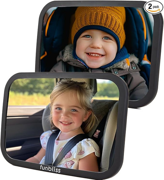 Funbliss Rear Facing Car Seat Mirrors - Shake-proof & Shatterproof Baby Car Mirror for Backseat - Clear Wide View, Easy Install, 2 Pack for Multiple Kids