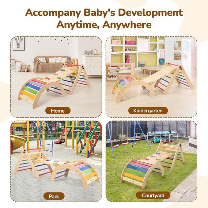 Pikler Triangle Set with Cushion, 8-in-1 Toddler Climbing Toys Indoor, Wooden Montessori Climbing Set with Arch Ramp,Ladder&Tent Cloth, Baby Indoor Climber Jungle Gyms for Toddlers Toy, Rainbow