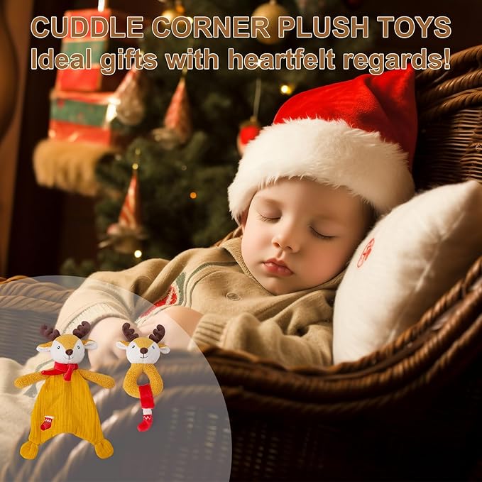 Organic Cotton Stuffed Animal Rattle Baby Toys, Plush Deer Cuddle Cloth and Hand Grip Ring Rattles Plush Toy Set for Newborns Infant Boys Girls, 2 PCS