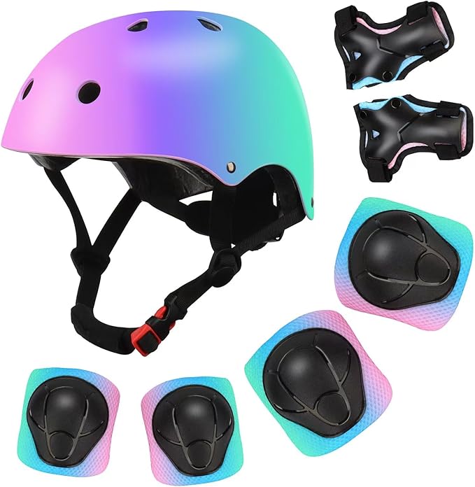Color Gradient Adjustable Kids' Helmet with Knee & Elbow Pads Set | Multi-Sport Safety Gear for Boys & Girls Ages 5-14 | Skateboarding, Scooters, Roller & Inline Skating, Longboarding