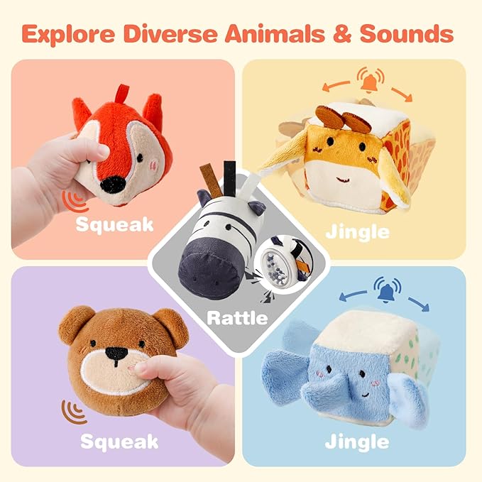 Youuys Baby Toys 6 -12 Months - Jungle Soft Stuffed Animal Set with Rattle, Crinkle Paper, Squeaker, Mirror - Toddlers Sensory Montessori Toy for 6 Month Old Babies, 1-3 Year Old Boy Girl Gifts