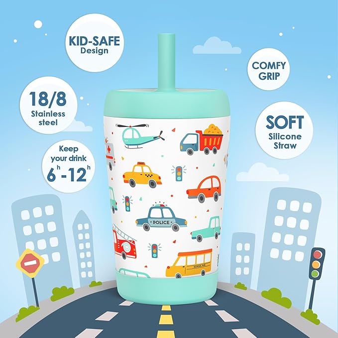 Kid Insulated Stainless Steel Tumbler with Silicone Straw, 12oz Sippy Cup for Kids (Transportation)