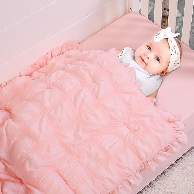 Cloele 3 Pieces Crib Bedding Set for Girls,Standard Size Pink Ruffled Nursery Crib Baby Bedding Set Includes Comforter Fitted Sheet Crib Skirt -Girls Solid Seersucker Ruffle Quilt