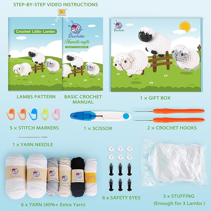 Crochet Kit for Beginners, Crochet Starter Kit with Step-by-Step Video Tutorials, Amigurumi Crochet DIY Knitting Supplies for Adults Kids, 3-Pack Little Lambs (40%+ Yarn)