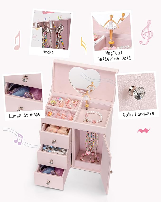 Vlando Musical Jewelry Box for Girls, Large Kid Music Box with Ballerina for Birthday Bedroom Decor, 4 Layer Girl Jewelry Gifts for Girls Kids - Pink