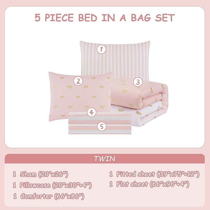 Twin Comforter Set with Sheets for Girls-5 Pieces Twin Bedding Sets with Pink Comforter, Sheets, Pillowcase & Sham for Kids (Pink Gold Bow, 66" X 86")