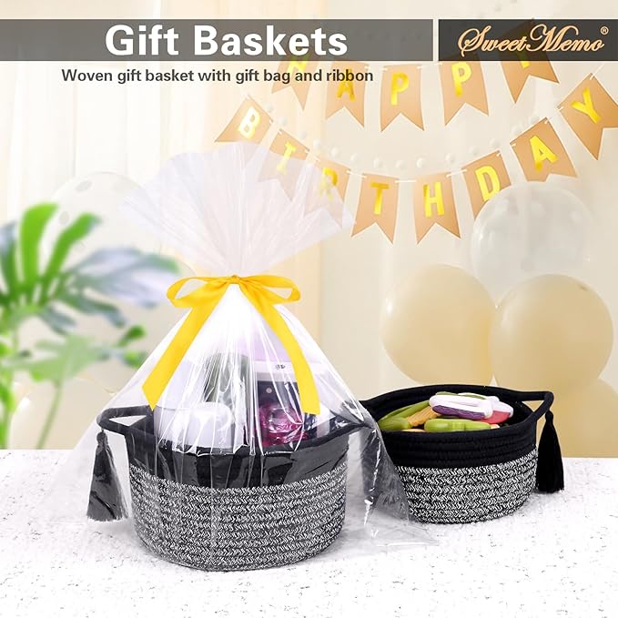 Empty Gift Basket Mini Woven Rope Organizer Baskets for Baby Shower, Vanity, Makeup Brushes, Bathroom, Shelves, Desk - Small Decorative Storage Bins - Set of 2, Pre-Shaped, Black Grey