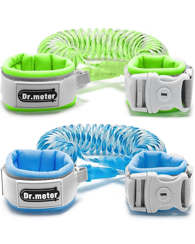 Dr.meter Anti Lost Wrist Link, 2 Pack Toddler Safety Leash with Key Lock, Reflective Child Walking Harness - Dual 8.2ft Length Blue & Green Kids Leash for Supermarket Mall Airport Amusement Park Zoo