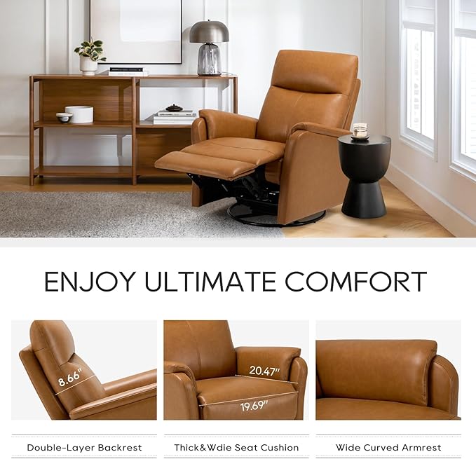 COLAMY Leather Swivel Recliner Chair with Footrest, High Back with Double-Layer Cushion, Glider Recliner for Nursery & Living Room, Bedroom, Camel