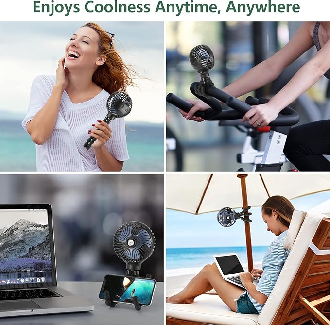 snawowo Mini Handheld Personal Portable Fan, Baby Stroller Fan, Car Seat Fan, USB or Battery Powered, with Flexible Tripod Clip on Student Bed Desk Bike Crib Treadmill Camping Traveling(Black)