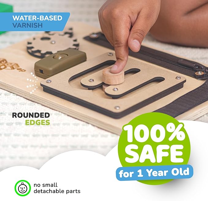 deMoca Baby Busy Board for 1 Year Old, Premium Montessori Toddler Travel Toy with Educational Activities, Sensory Travel Toys for Toddlers 1-3, Wooden Busy Board, Gift for Boy & Girl