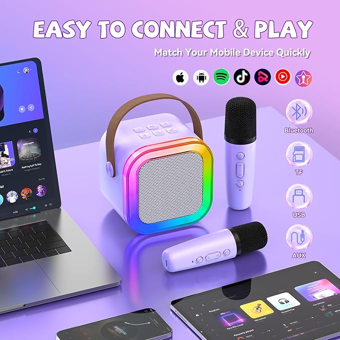【2025 Newest】 Mini Karaoke Machine for Kids Girls & Boys - Portable Bluetooth Speaker with 2 Wireless Microphones - Kids Birthday Gifts for Ages 4-10 - Kids' Instrument Accessories - Purple