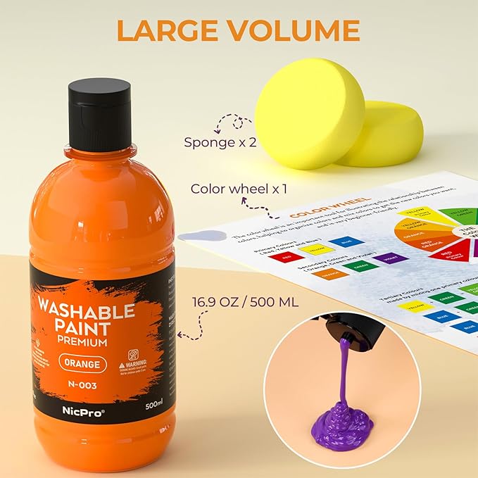 Nicpro 12 Colors Large Washable Paint Set for Kid (16.9oz,500 ml), Acrylic Bulk Paint Supplies Non Toxic Children Tempera Paint for Art, Craft DIY, Poster & Finger Paint, School, Home,Classroom, Party