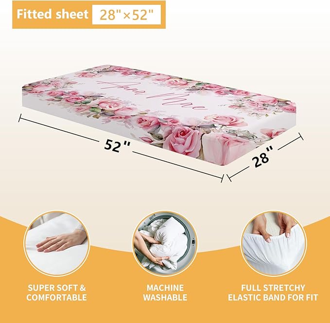 Custom Crib Bedding Set - 5 Pcs Personalized Name Pink Flowers Baby Crib Set for Infant Toddler Girl - Comfortable Double Layer Nursery Bedding Set - Customized Present for Birthday Baby Shower