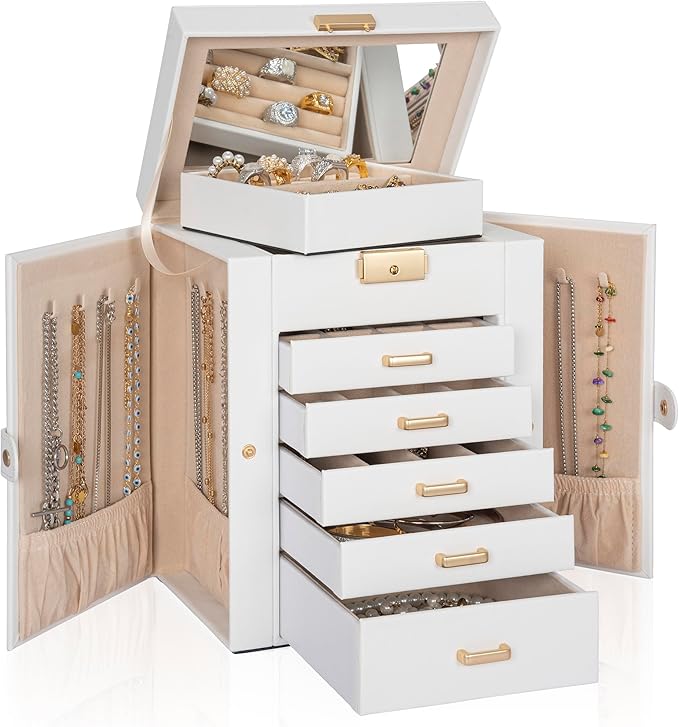 AKOZLIN 6-Tier Jewelry Box Lockable Leather Jewelry Storage Case with 5 Drawers for Women Girls Ring Necklace Earring Bracelet Holder Organizer with Mirror