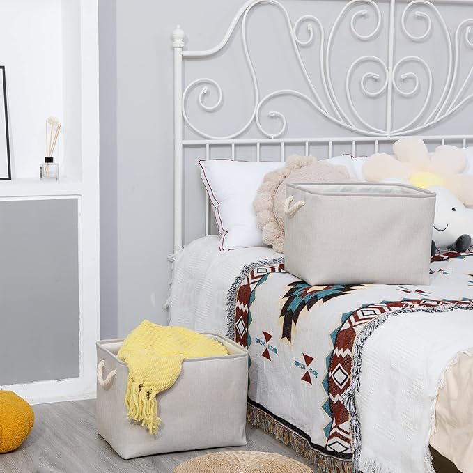 Bidtakay Large Fabric Storage Bins Beige Linen Closet Organizers Set of 2 Baskets for Shelves Clothes Bedroom 16x11.8x11.8 Inch Foldable Organization Baskets for Towels Blankets Storage Dog Toys