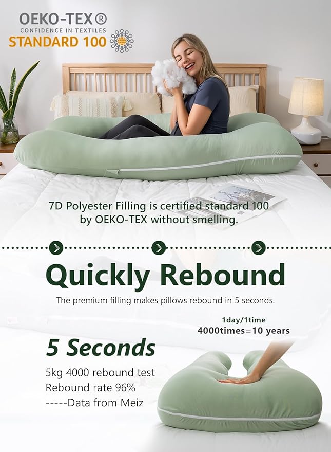 Meiz Pregnancy Pillow, U Shaped Pregnancy Pillows for Sleeping Cooling, 55 Inch Maternity Pillow for Pregnant Women, Body Pillows for Adults, Rayon Cover from Bamboo, Sage Green