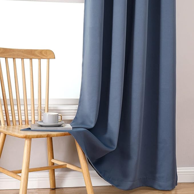 ChrisDowa 100% Blackout Curtains 90 inch Long for Bedroom with Black Liner, 2 Thick Layers Total Blackout Thermal Insulated Grommet Long Window Curtains 2 Panels Set (Stone Blue, 52 x 90 Inch)