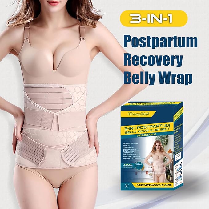 ChongErfei 3 in 1 Postpartum Support Recovery Belly Wrap Waist/Pelvis Belt Body Shaper Postnatal Shapewear,XL Beige