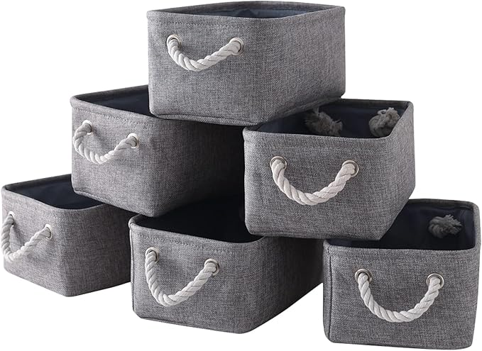 Small Fabric Storage Baskets (6-Pack), Foldable Gift Baskets with Rope Handles for Home & Office Organization