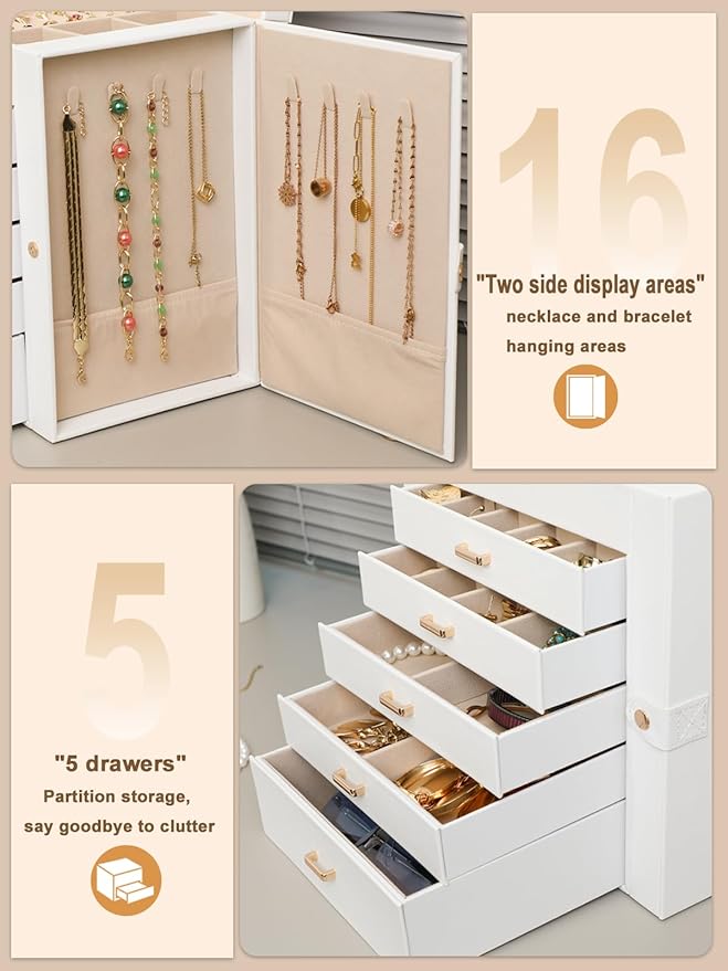 BOOVO Jewelry Box For women, 6 Layer Large Jewelry Organizer With Mirror, Multi-Function Storage Box With Lock, Necklace Holder With 5 Drawers, For Earrings Necklace Bracelet (White and Gold)