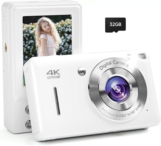 Digital Camera, 44MP FHD 1080P Camera for Kid with 16X Zoom Anti Shake, Compact Small Camera with 32GB SD Card, Digital Camera for Teens for Teens Girls Kids Adults(White)