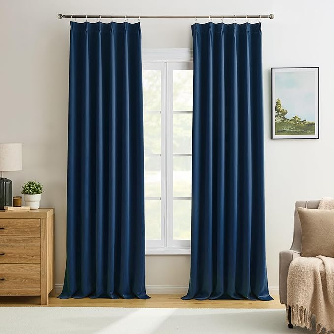 KEQIAOSUOCAI Navy Pinch Pleated Curtains & Drapes 90 Inches Long for Sliding Door Black Out for Boys Playroom Thermal Insulated Window Draperies for French Door 40 Width x 90 Length 2 Panels Set