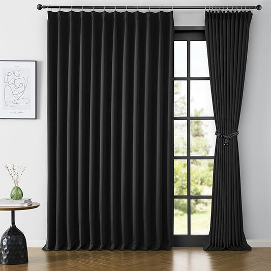 KEQIAOSUOCAI 80 Inch Wide Black Pinch Pleated Curtains 80 x 132, Thermal Insulated Noise Cancelling Living Room Office Drapes 132 Inches Long, Patio Sliding Glass Door Window Curtain 2 Panels