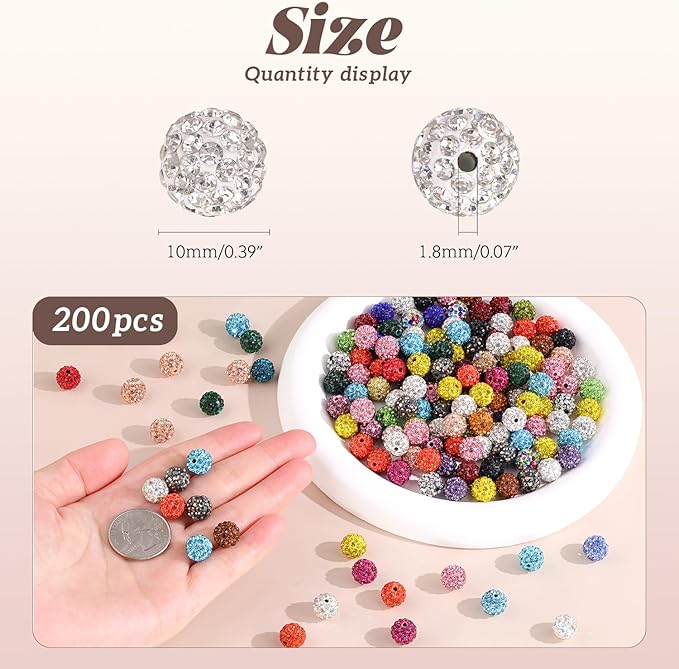 200pcs 10mm Rhinestone Beads for Jewelry Making, Blue Zircon Shiny Round Disco Ball Beads Bulk, Sparkle Crystal Clay Christmas for Bracelet Baseball Necklace Earring Crafting and DIY