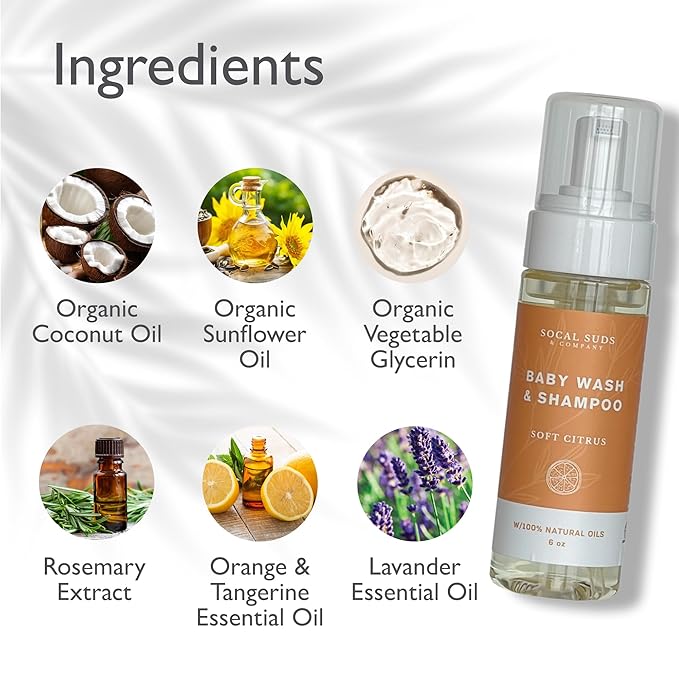 SoCal Suds & Company - Organic Foaming Baby Wash & Shampoo - Gentle Cleansing Newborn Body & Hair Soap for Sensitive Skin - Clean Natural Soothing Ingredients - Soft Citrus, 6oz, 2-Pack