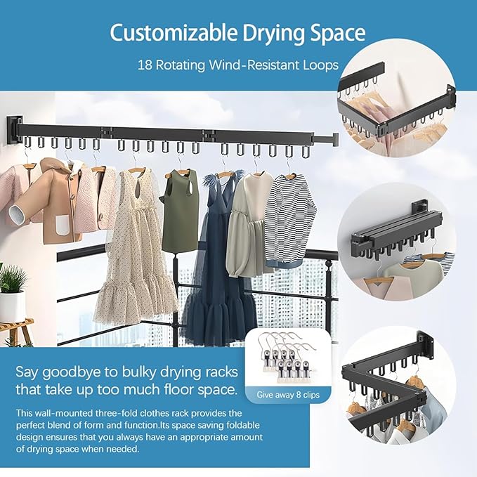 Clothes Drying Rack Wall Mounted,Space Saving Wall Drying Rack,Retractable Collapsible Tri-Fold,for Bathroom,Balcony,Outdoor lndoor with Laundry,Black