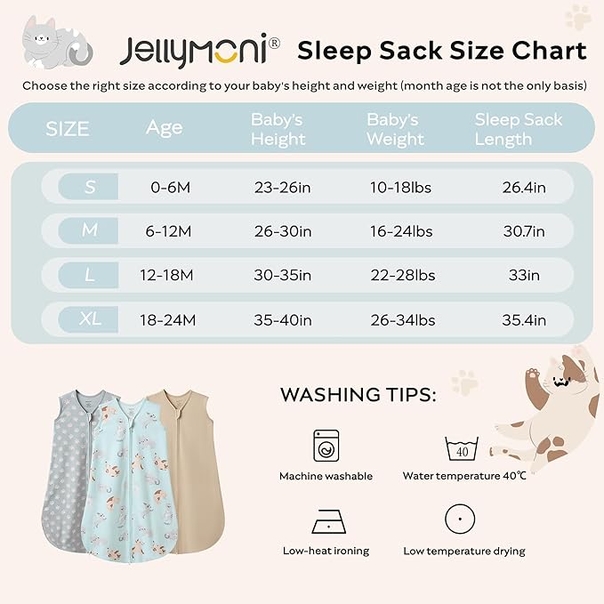 JELLYMONI Baby Sleep Sack 12-18 Months Wearable Blanket for Baby, 100% Cotton 2 Pack Infant Toddler Sleeping Sack Lightweight Soft 2-Way Zipper Sleepsack