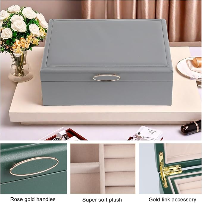 Small Jewelry Organizer for Women, 2-Layer Travel Jewelry Box with Portable Case, Necklace Ring Storage for Dresser, Girls Teens Gifts (Grey)