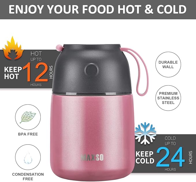Insulated Thermo Food Jar for Hot & Cold Food for Kids Adult, 17&24 oz Soup Thermal Hot Food Containers for Lunch, Triple Layer Insulation Stainless Steel Food Jar with Spoon (2 Pack Pink)