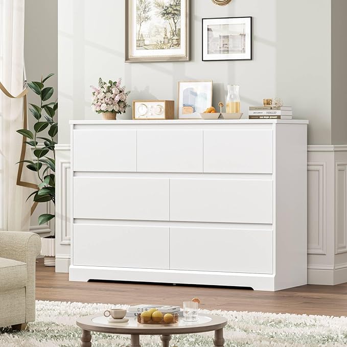 Dresser for Bedroom, Modern White Dresser, Wood Chest of Drawers Nursery Dressers, with Storage, 7 Drawer Double with Handle Free, Large Storage Organizer for Living Room,White