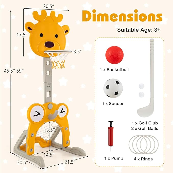 Costzon Toddler Basketball Hoop, 4-in-1 Kids Sports Activity Center with Rim, Soccer Goal, Golf, Ring Toss, Height Adjustable Kids Basketball Hoop with Fillable Base for Indoor Outdoor (Yellow Deer)