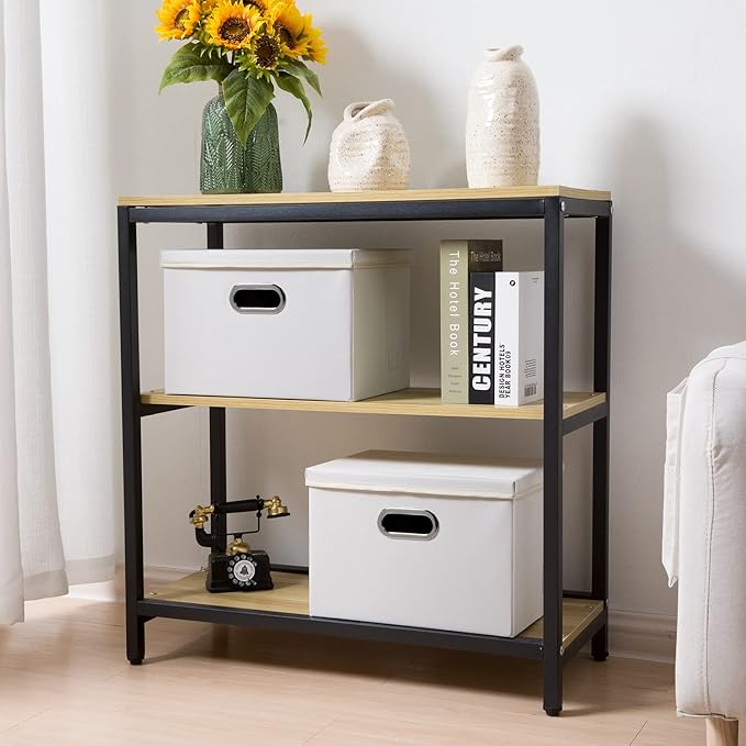 PRANDOM Collapsible Storage Bins with Lids [3-Pack] Leather Fabric Foldable Storage Boxes Organizer Containers Baskets Cube with Cover for Bedroom Closet Office Nursery White (14.9x10.8x10)