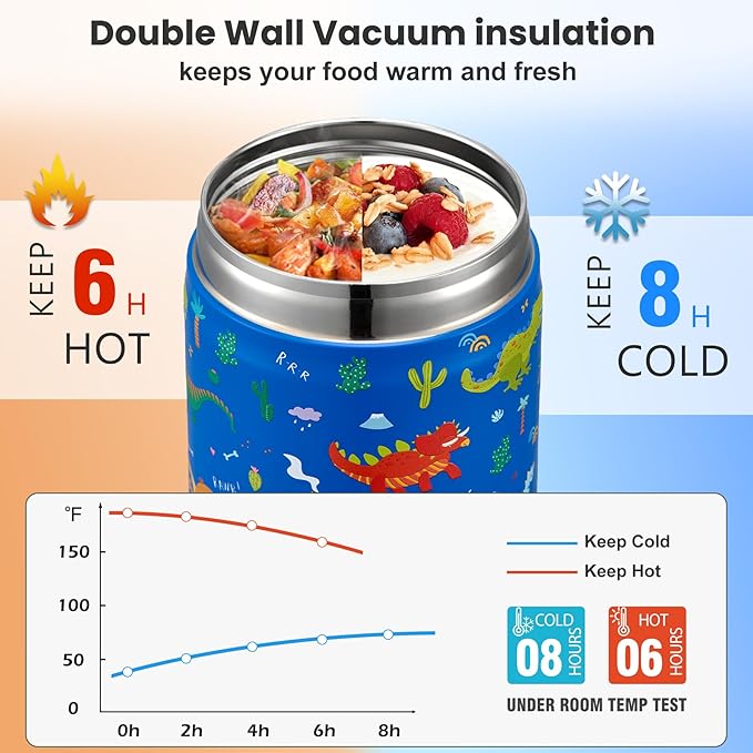 17oz Soup Thermo for Hot Food Kids,Insulated Food Jar with Spoon,Thermo Hot Food Lunch Container,Wide Mouth Leakproof Stainless Steel Lunch Box for School-Dinosaur