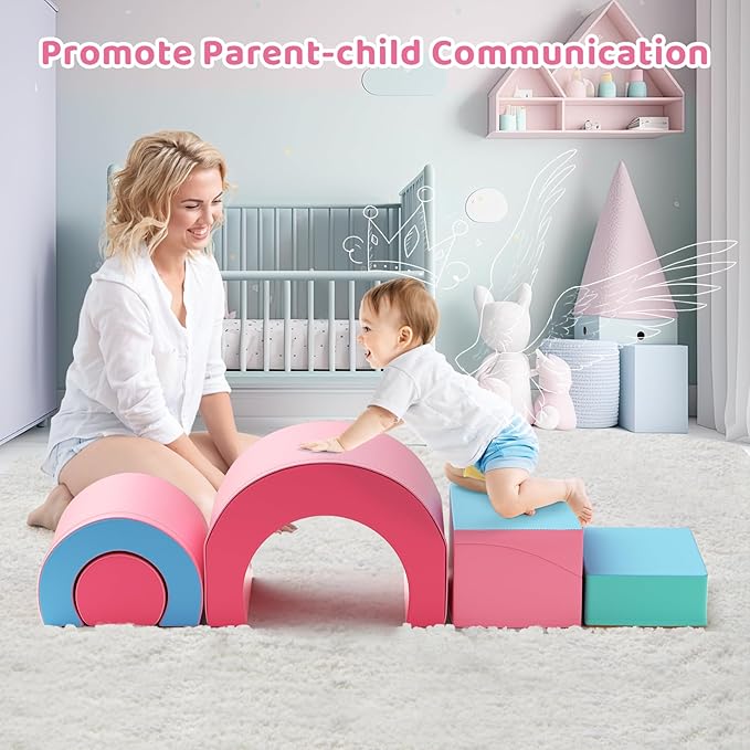 Lischwert Foam Climbing Blocks, Soft Climbing Toys for Toddlers, 5 Pieces Crawl and Climb Foam Playset with Foldable Block and Tunnel, Indoor Climber Activity Play Set for Kids Age 1+(Pink Blue)