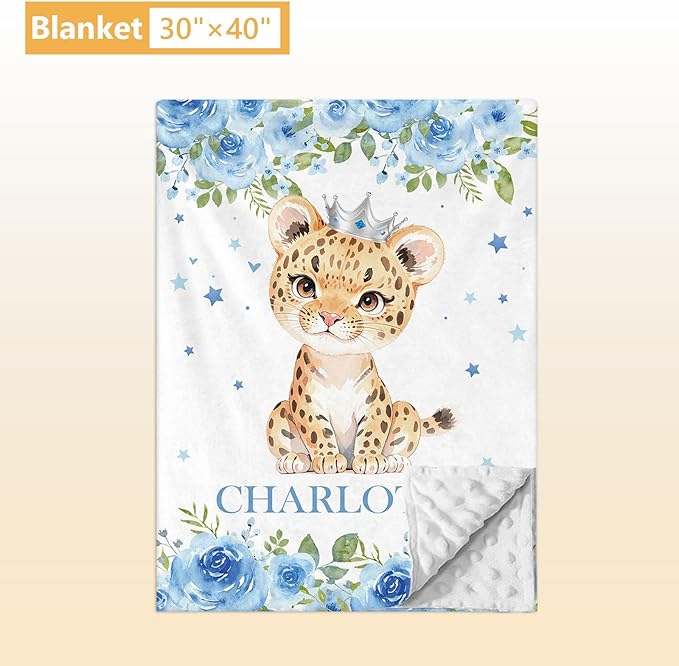 Personalized Crib Bedding Set, 5 Pcs Custom Nursery Bedding Sets with Name, Infant Bedding Set for Baby Boy Girl, Blue Leopard Double Layer Baby Crib Set, Babies Toddlers Kids Customized Gifts