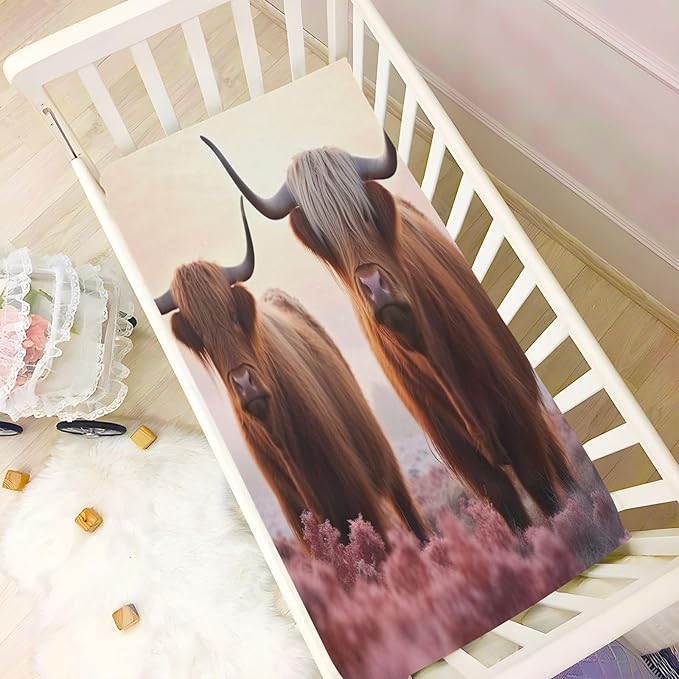 Two Highland Cows Crib Sheets for Boys and Girls, Fitted Baby Crib Sheets Soft and Breathable Mini Crib Sheets 52 X 28 X 9 Inches