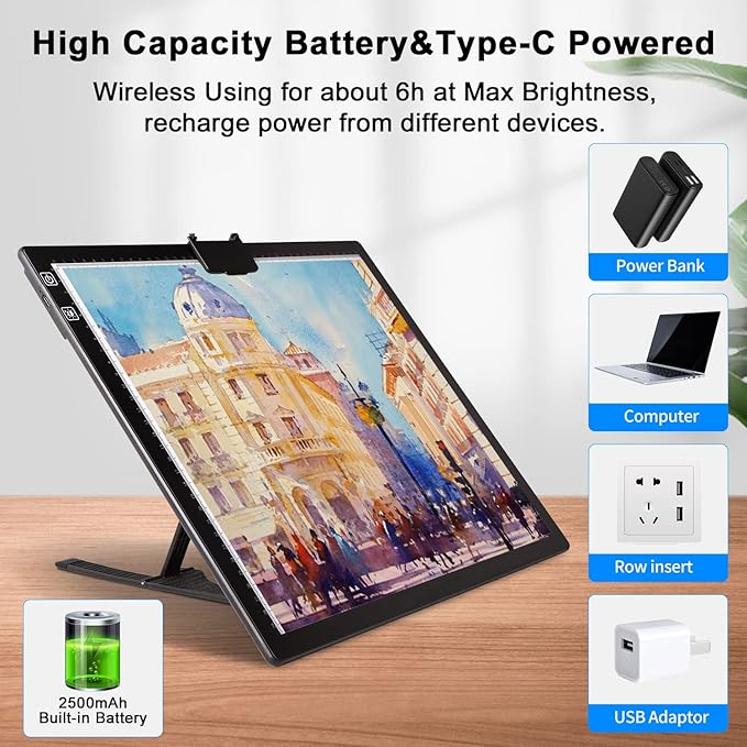 Elice Rechargeable A3 Light Pad with Carry Bag, Top Clip, Foldable Stand, 3 Colors/ 6 Levels/Stepless Dimmable Brightness Wireless tracing Light Box/Board for Diamond Painting, Cricut Weeding Vinyl