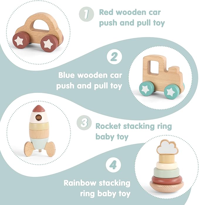FReniland Wooden Montessori Toys, 4-Piece Wooden Baby Toy, Rainbow Stacking Ring,Car Push and Pull Toy, Rocket Stacking Ring Babys Toys,Newborn Baby Gift Sets for Boys and Girls
