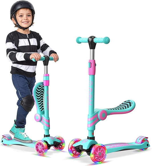Candy 3 Wheel Scooter with Seat for Kids – Light-Up LED Wheels, Adjustable Handlebar and Seat, Smooth PU Wheels, Wide Anti-Slip Deck, Rear Foot Brake – Toddler Outdoor Toys for Ages 2+