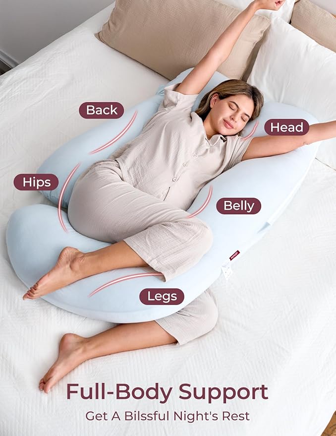 Momcozy Pregnancy Pillows for Sleeping, U Shaped Full Body Pillow 57 Inch for Pregnant Women with Back, Hip, Leg, Belly Support, Washable Jersey Cotton Cover Included, Light Blue