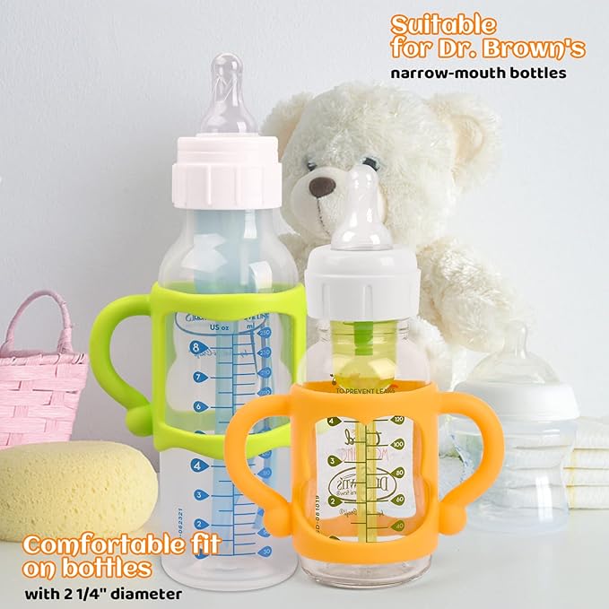 HUAKENER Silicone Baby Bottle Handles (4 Pack) - Easy Grip Holder for Dr. Brown Narrow Bottles - BPA Free