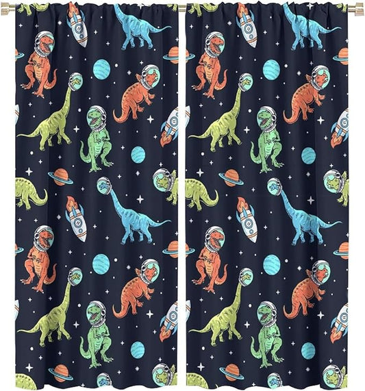 Cartoon Dinosaur Curtains for Kids Boys Girls Home Decor, Astronaut Rocket Funny Outer Space Blackout Rod Pocket Window Drapes for Bedroom Living Room W27.5xL63in 2 Panels