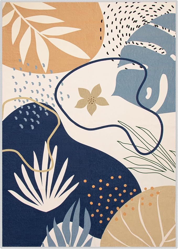 Lahome Washable Area Rug - 8x10 Non-Slip Ultra-Thin Large Area Rug, Soft Bedroom & Living Room Rug, Boho Botanical Print Indoor Stain Resistant Floor Rug for Dining Room Table & Office